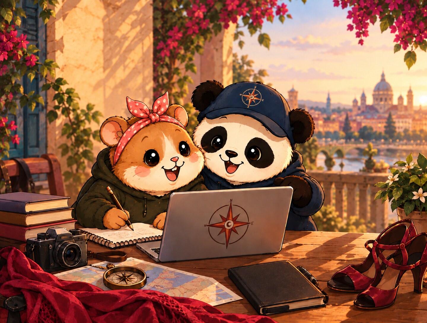 Two El Compas characters planning their next tango trip together