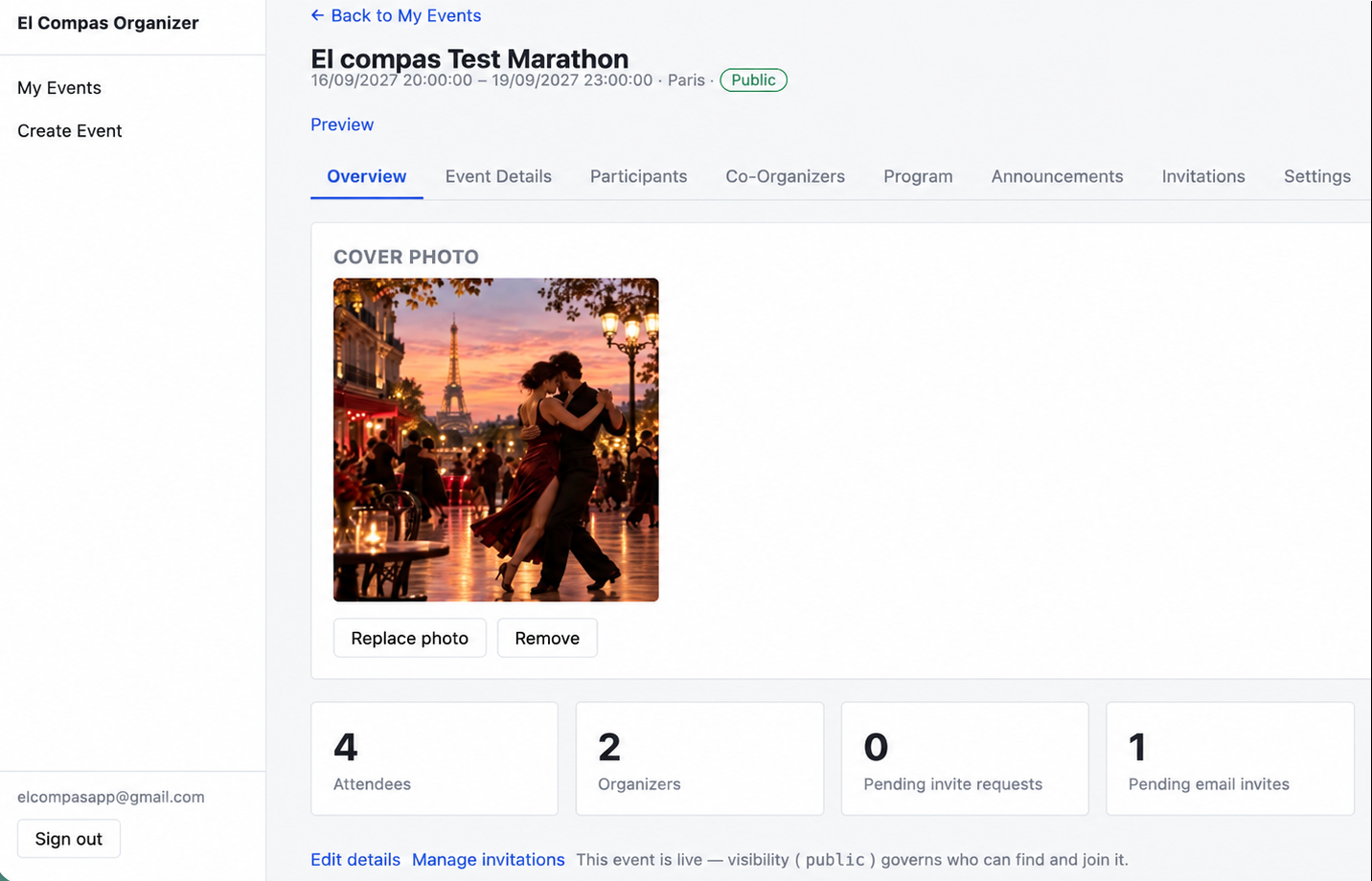 El Compas organizer dashboard, shown on desktop