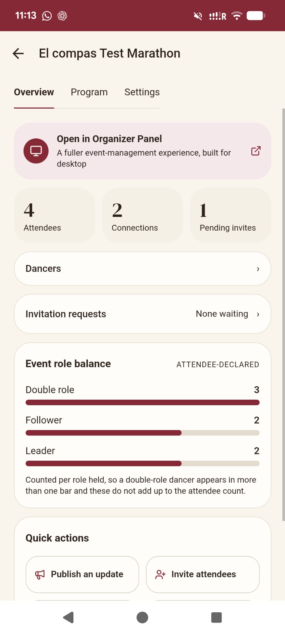 El Compas organizer panel, shown on mobile