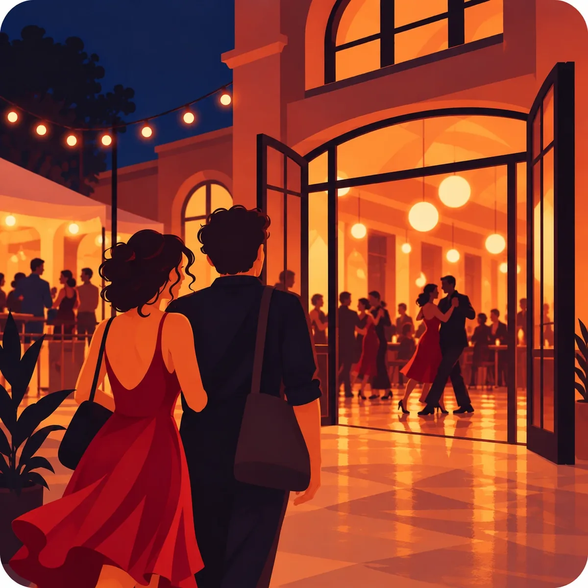 Illustration of two dancers arriving at an open-air milonga at night, with couples dancing under warm lights through the open doors