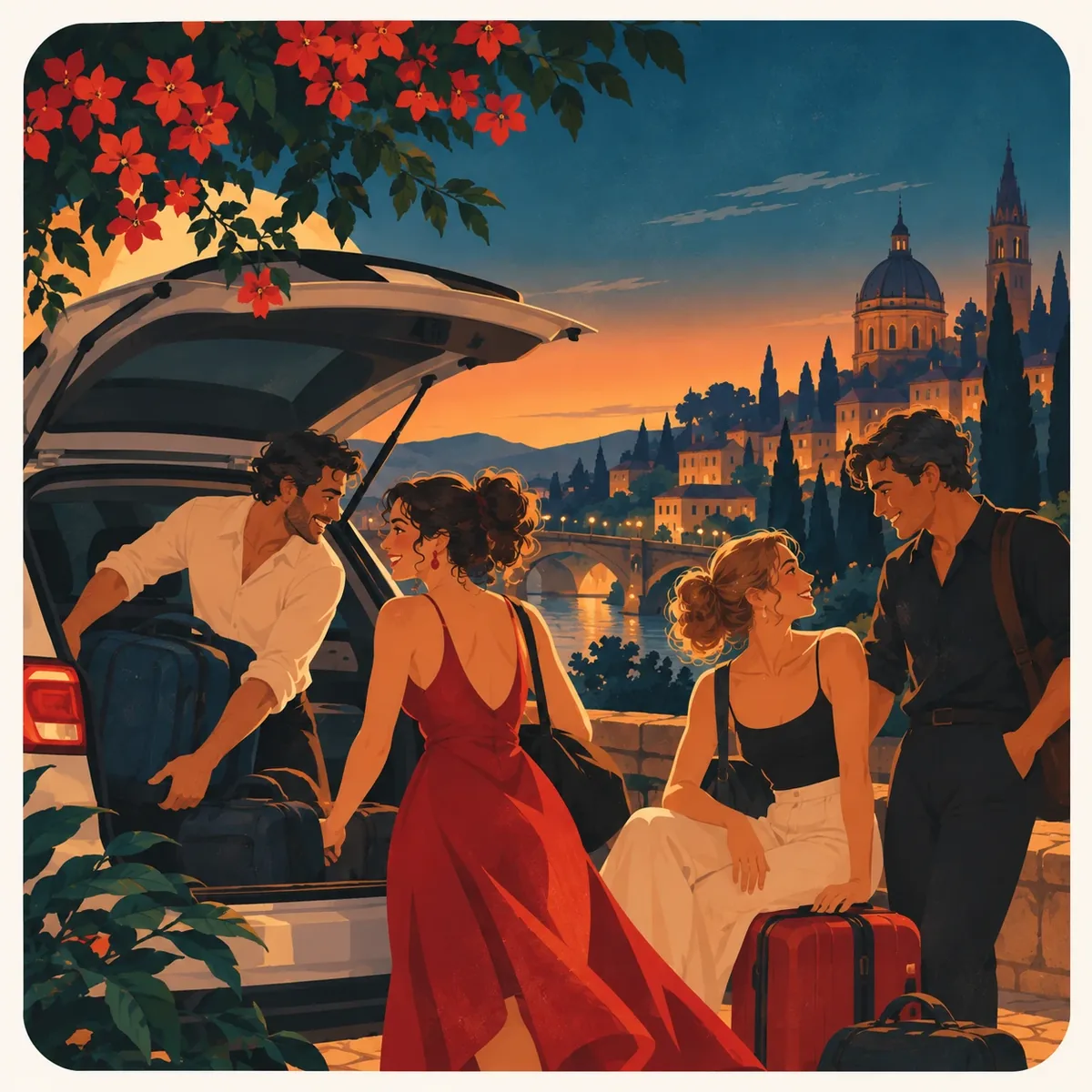 Illustration of dancers loading suitcases into a car at dusk, with a river town and a church dome behind them